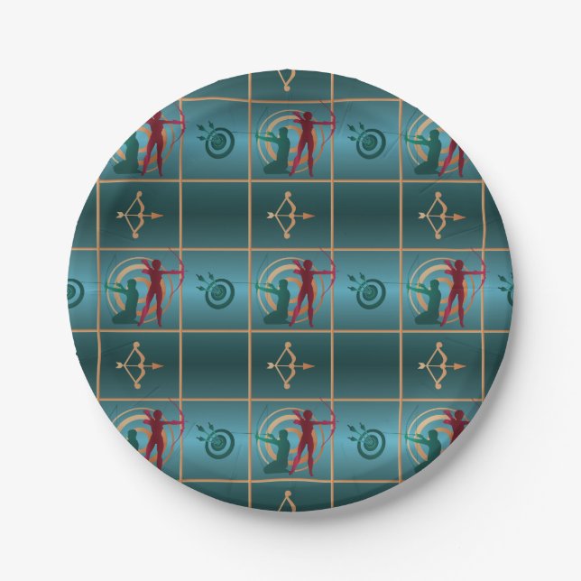 Archery Bow and Arrow - Green Pattern Paper Plate (Front)