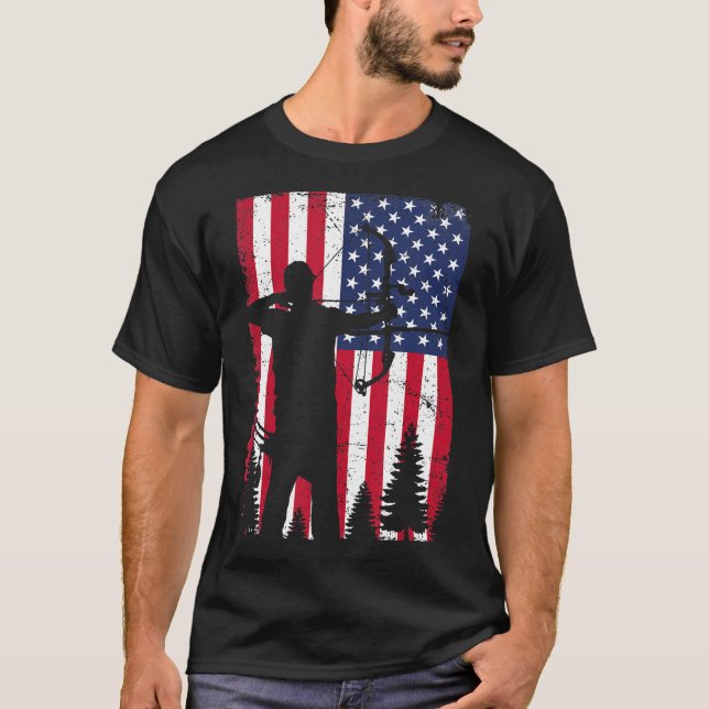 Archery Bow Hunting Bow Hunter American Flag  T-Shirt (Front)