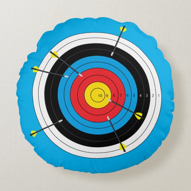 Archery Bullseye, Bow Shooting Target and Arrows Round Cushion (Front)