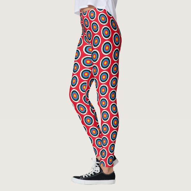 Archery Bullseye Target and Arrows Pattern on Red Leggings (Left)