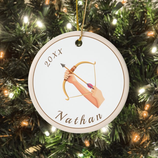 Archery Hands Bow & Arrow Name & Year Pastel Cream Ceramic Ornament (Creator Uploaded)