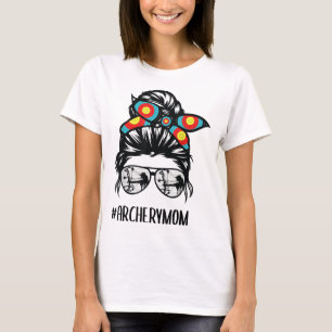 archery mum life messy bun hair glasses T-Shirt