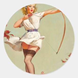 Archery Pin-Up Girl Classic Round Sticker