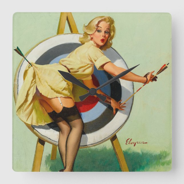 Archery Pin-Up Girl Square Wall Clock (Front)
