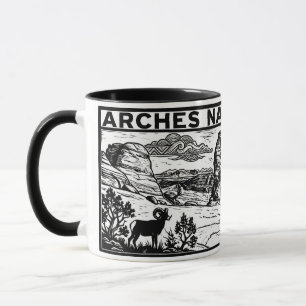 Arches National Park Black White Woodcut Linocut M Mug
