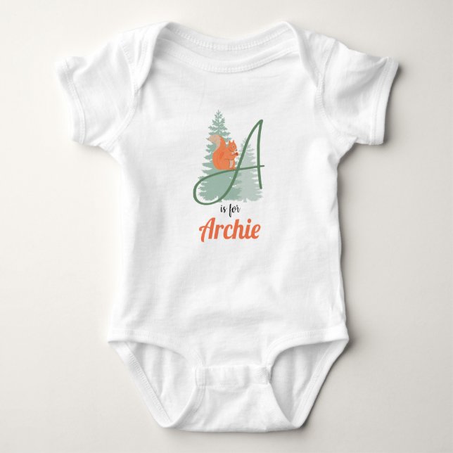 Archie Name Reveal Letter A Woodland Boy Squirrel Baby Bodysuit (Front)