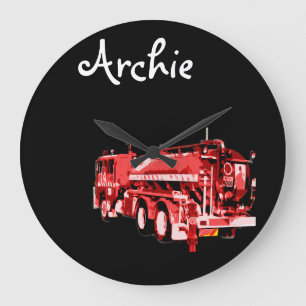 Archie Name With Red Fire Truck, Large Clock