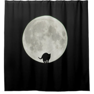 Arching Black Cat and Full Moon Shower Curtain
