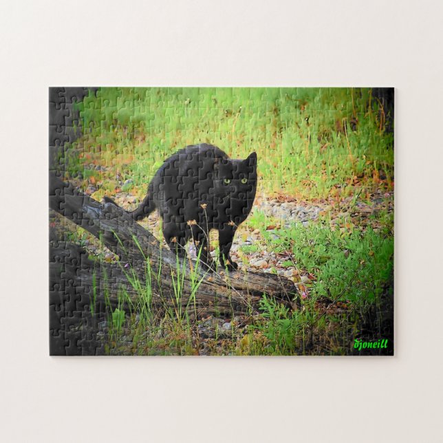 Arching Black Cat on Driftwood Jigsaw Puzzle (Horizontal)