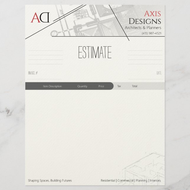 Architect Estimate Template with Blueprint Design Custom Letterhead (Front)