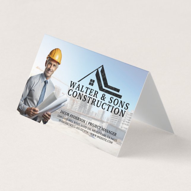 Architect Holding Blueprints | Construction Site Business Card (Front)