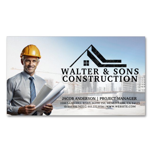 Architect Holding Blueprints | Construction Site Magnetic Business Card (Front)