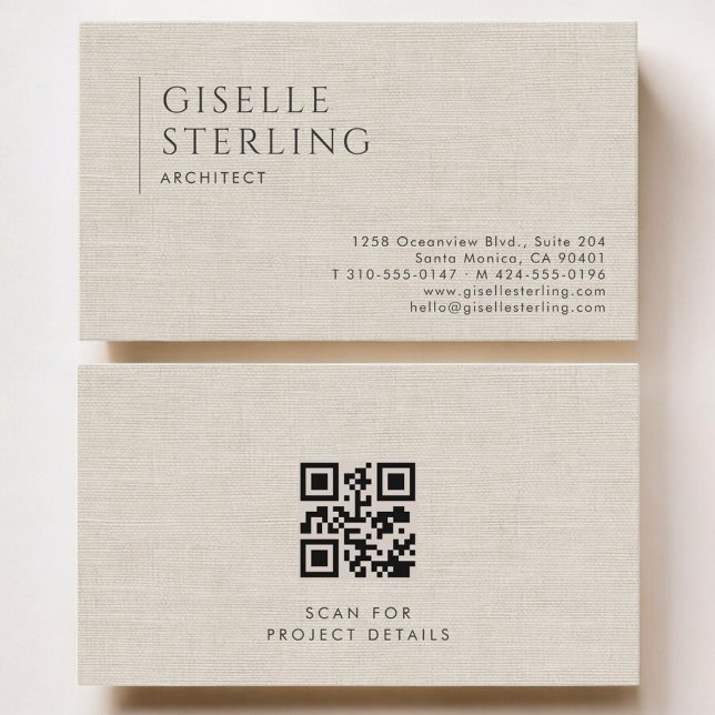 Architect Luxury Neutral Linen QR Code Business Card (Creator Uploaded)