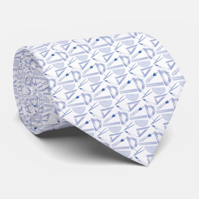 Architects Tiny Drafting Tools White Blue Tie (Rolled)