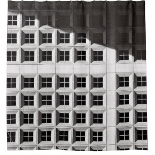 ARCHITECTURAL PHOTOGRAPHY OF WHITE BUILDING SHOWER CURTAIN