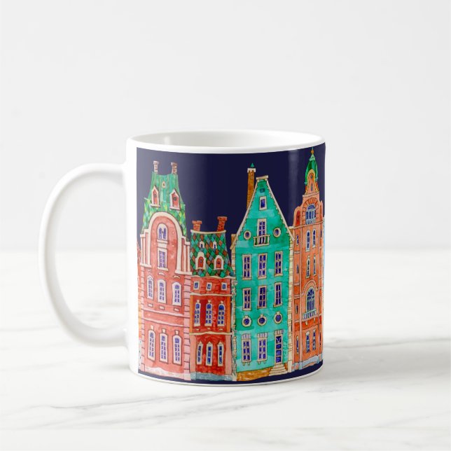 Architectural seamless border pattern on a dark bl coffee mug (Left)