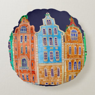 Architectural seamless border pattern on a dark bl round cushion