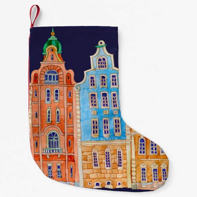 Architectural seamless border pattern on a dark bl small christmas stocking (Front)