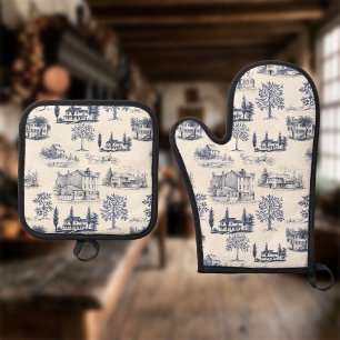 Architectural Toile Oven Mitt & Pot Holder Set