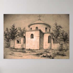 Architecture ancient church pencil art Poster