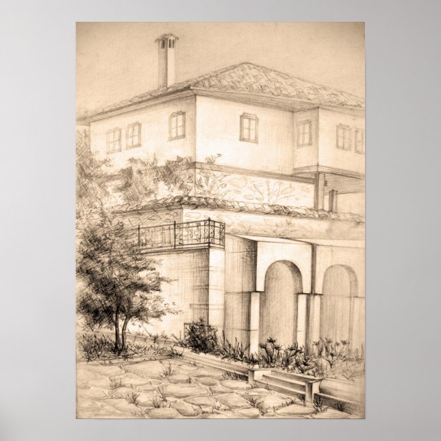Architecture Traditional House Drawing Sketch Art Poster (Front)