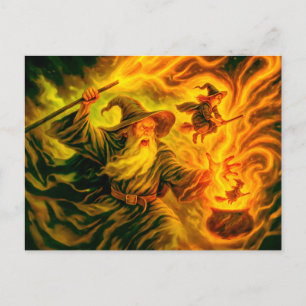 Archmage creating witches in oil painting holiday postcard