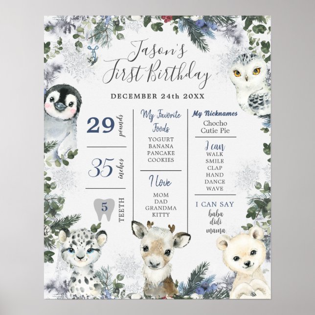 Arctic Animal Onederland 1st Birthday Millestone Poster (Front)