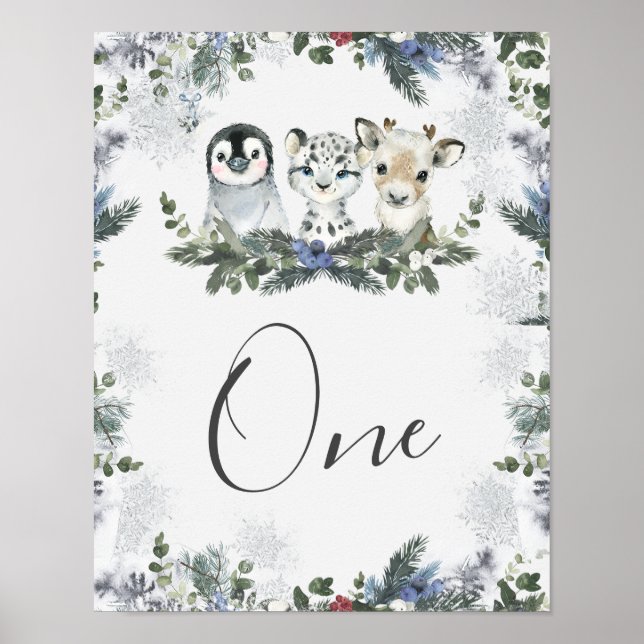 Arctic Animal Onederland Birthday Table Number Poster (Front)