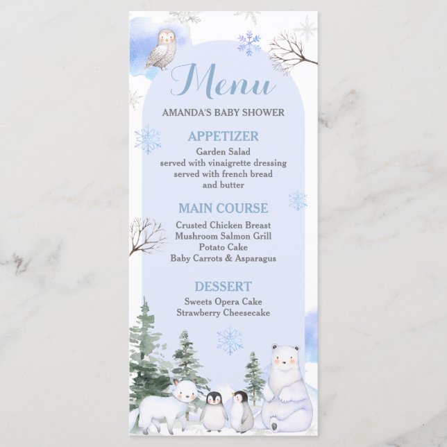 ARCTIC ANIMAL Snowflakes Trees Baby Shower Menu (Front)