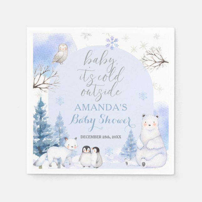 ARCTIC ANIMAL Snowflakes Trees Baby Shower Paper Napkin (Front)