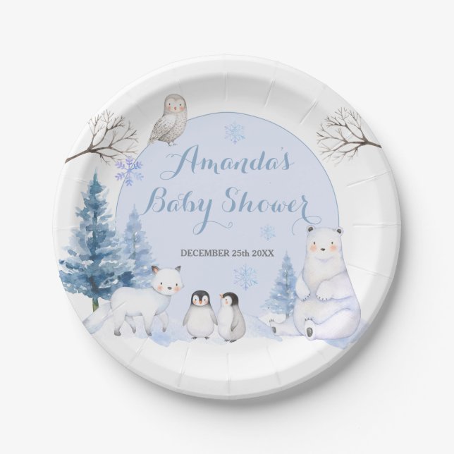 ARCTIC ANIMAL Snowflakes Trees Baby Shower Paper Plate (Front)