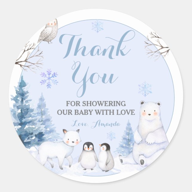 ARCTIC ANIMAL Snowflakes Trees Thank You Classic Round Sticker (Front)