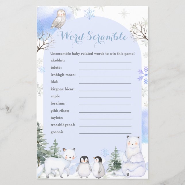 ARCTIC ANIMAL Snowflakes Trees Word Scramble (Front)
