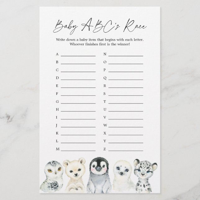 Arctic Animals Baby Shower ABC's Race Game (Front)