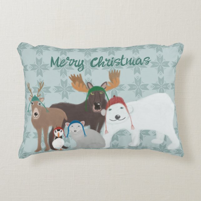 Arctic Animals in Winter Hats Christmas Decorative Cushion (Front)