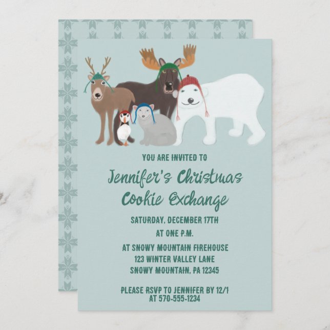 Arctic Animals in Winter Hats Christmas Party Invitation (Front/Back)