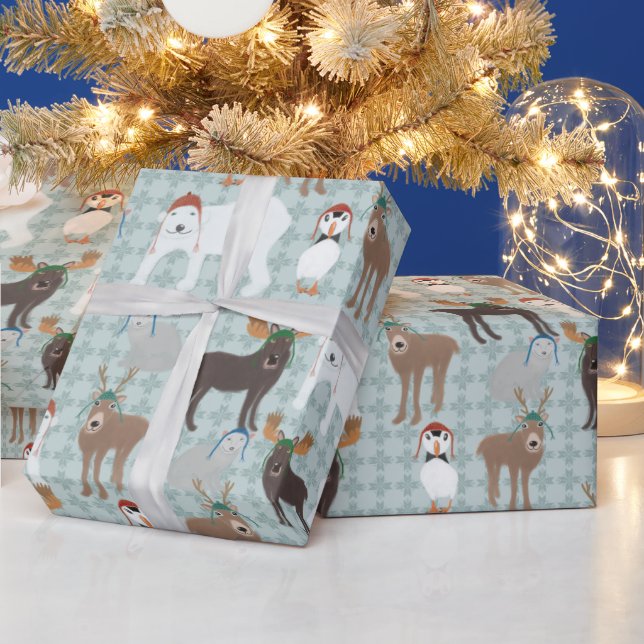 Arctic Animals in Winter Hats Christmas Wrapping Paper (Holidays)