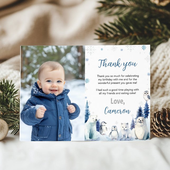 Arctic Animals Winter Birthday Photo Thank You Card (Creator Uploaded)