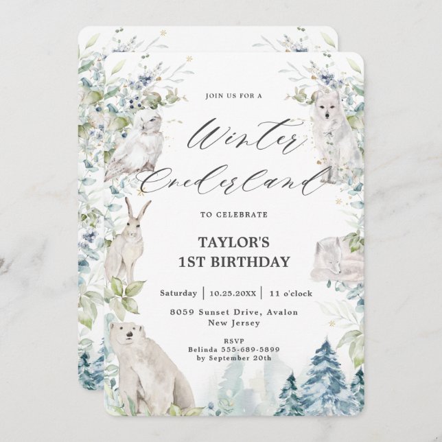 Arctic Animals Winter Onederland 1st Birthday  Invitation (Front/Back)