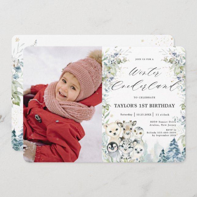 Arctic Animals Winter Onederland Birthday Photo Invitation (Front/Back)