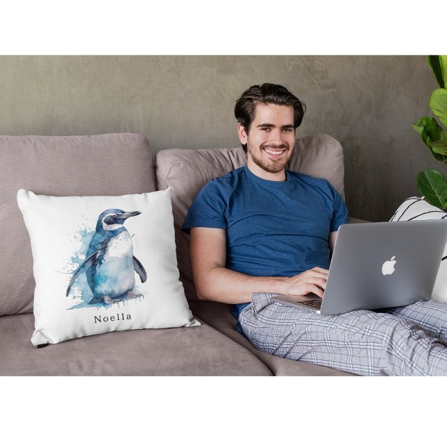 Arctic Azure Watercolor Penguin, custom Cushion (Creator Uploaded)