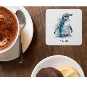 Arctic Azure Watercolor Penguin, custom Glass Coaster