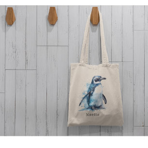  Arctic Azure Watercolor Penguin, custom Tote Bag