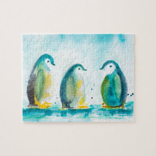 Arctic Babes Watercolor Art Penguins Jigsaw Puzzle