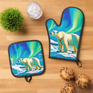 Arctic Bear Northern Lights Oven Mitt & Pot Holder Set
