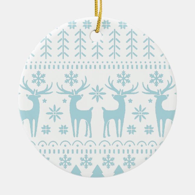 Arctic Blue Folk Art Winter Theme Ceramic Ornament (Front)