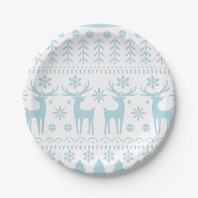 Arctic Blue Folk Art Winter Theme Paper Plate (Front)