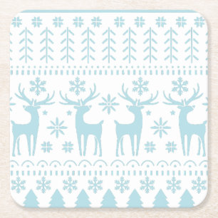 Arctic Blue Folk Art Winter Theme Square Paper Coaster
