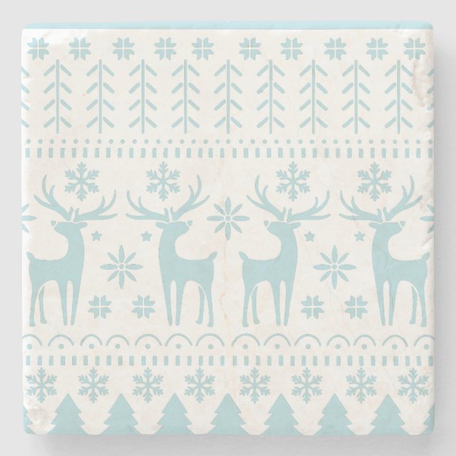 Arctic Blue Folk Art Winter Theme Stone Coaster (Front)
