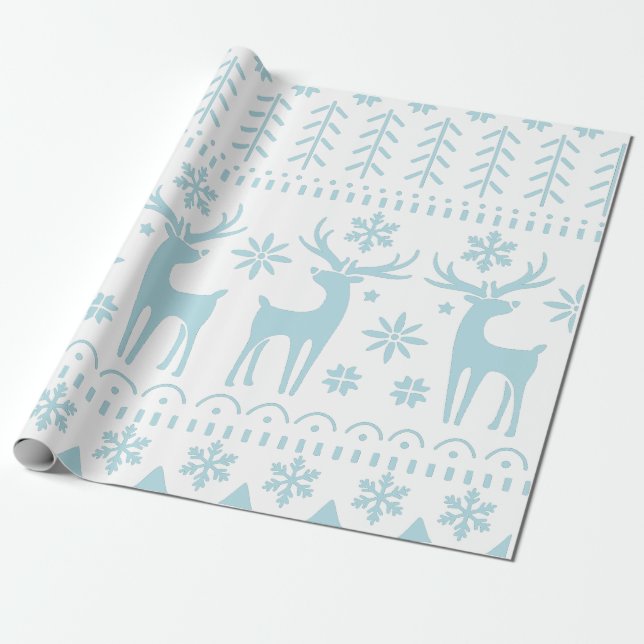 Arctic Blue Folk Art Winter Theme Wrapping Paper (Unrolled)